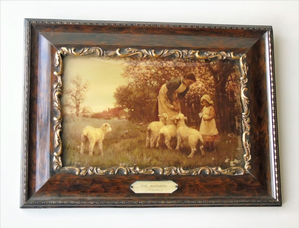 Beautiful Antique Crystoleum Baby Lambs Painting on Glass