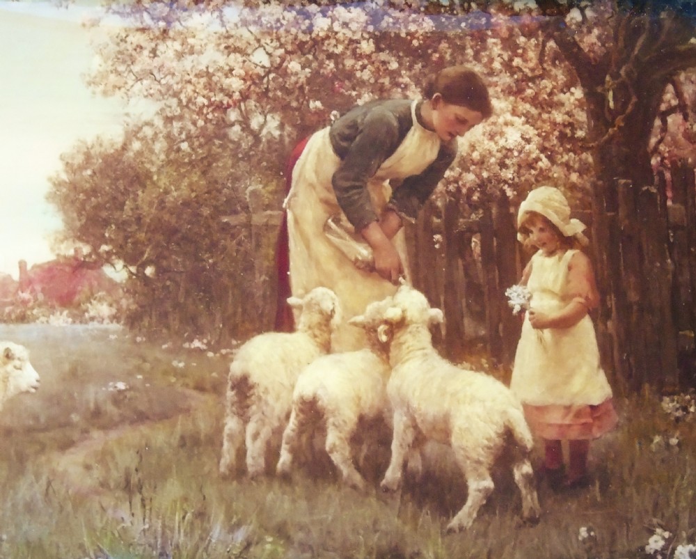 Beautiful Antique Crystoleum Baby Lambs Painting on Glass View III