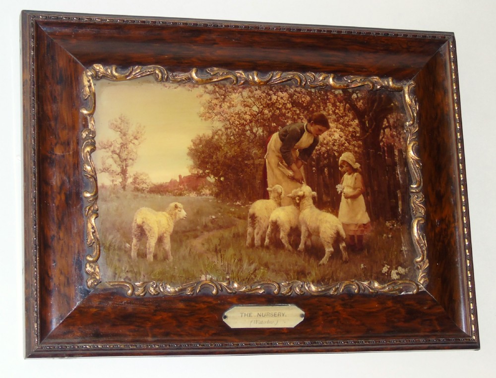 Beautiful Antique Crystoleum Baby Lambs Painting on Glass View V