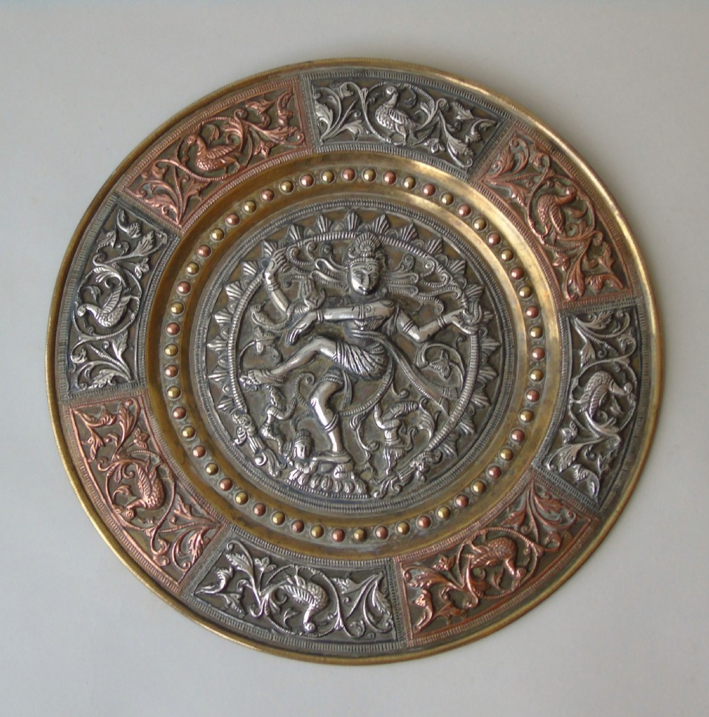 Antique Indian Charger with Silver Copper & Brass Shiva Deity