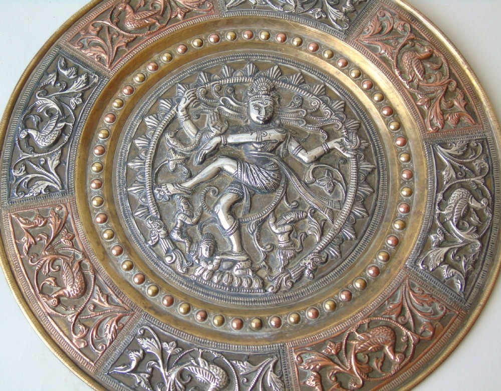 Antique Indian Charger with Silver Copper & Brass Shiva Deity View II