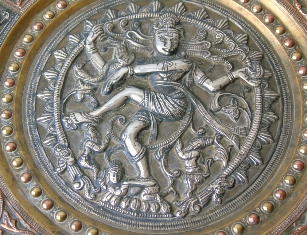 Antique Indian Charger with Silver Copper & Brass Shiva Deity View III