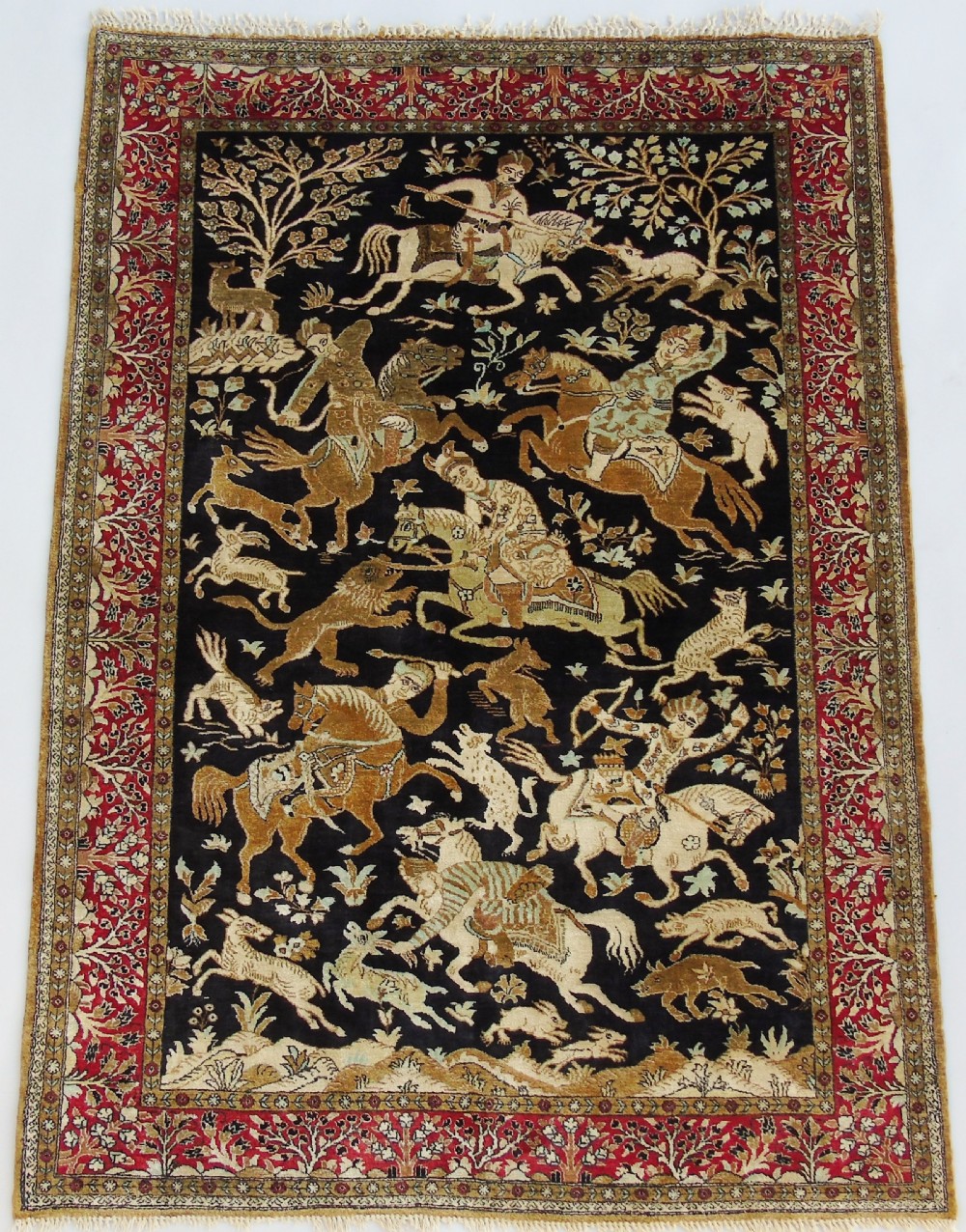 Fine Antique Ghom Silk Hunting Design Rug