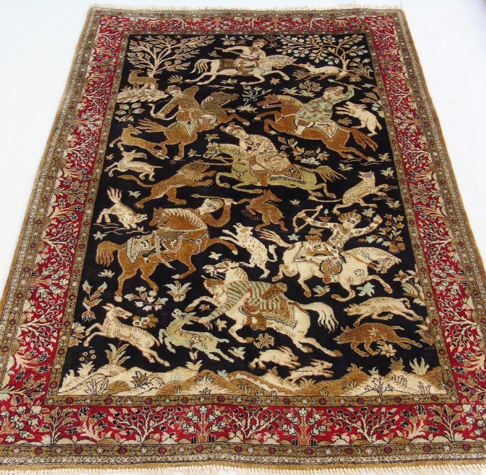 Fine Antique Ghom Silk Hunting Design Rug View II