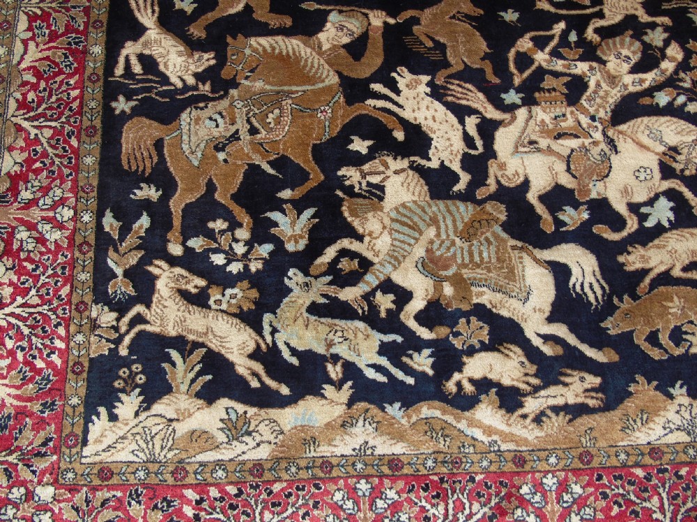 Fine Antique Ghom Silk Hunting Design Rug View III