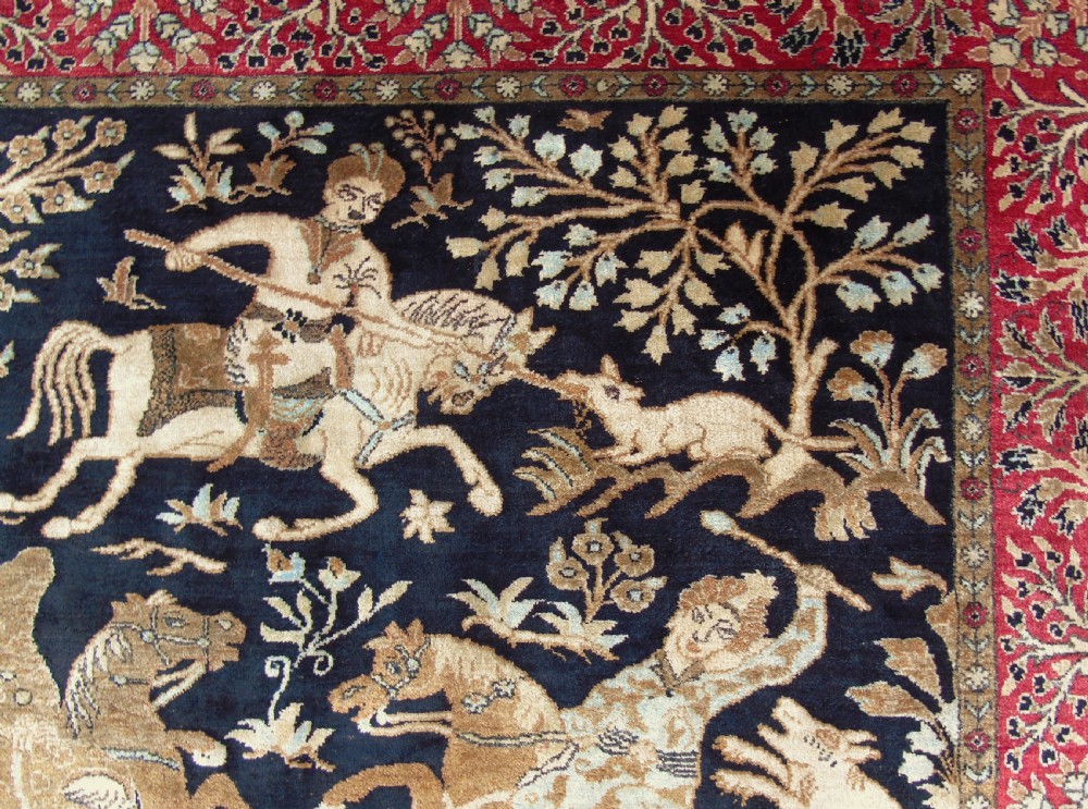 Fine Antique Ghom Silk Hunting Design Rug View V
