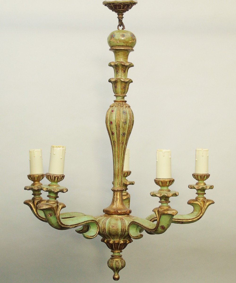 Elegant Venetian Carved and Hand Painted 5 Light Chandelier View III