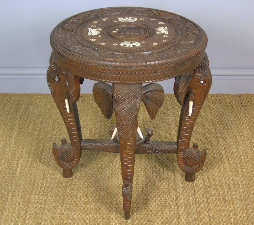 Antique Inlaid Hardwood Indian Table Camels and Elephants