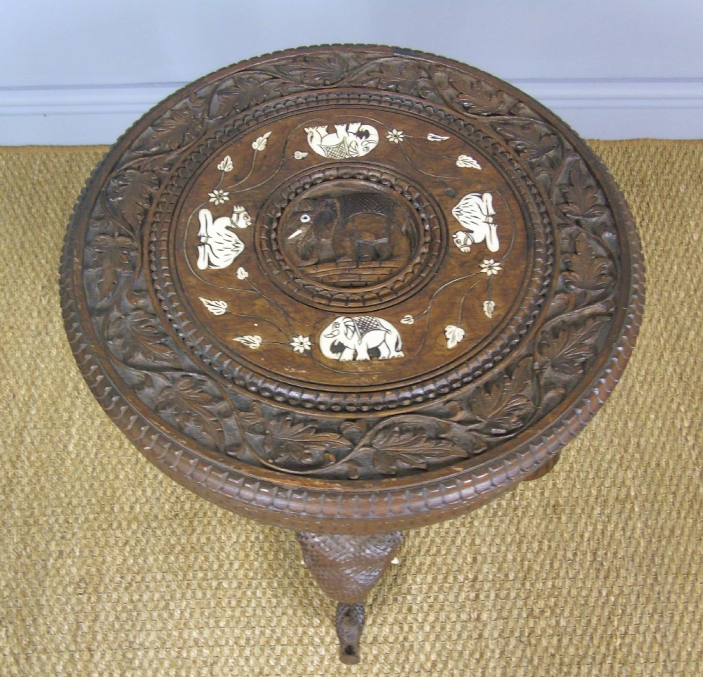 Antique Inlaid Hardwood Indian Table Camels and Elephants View II