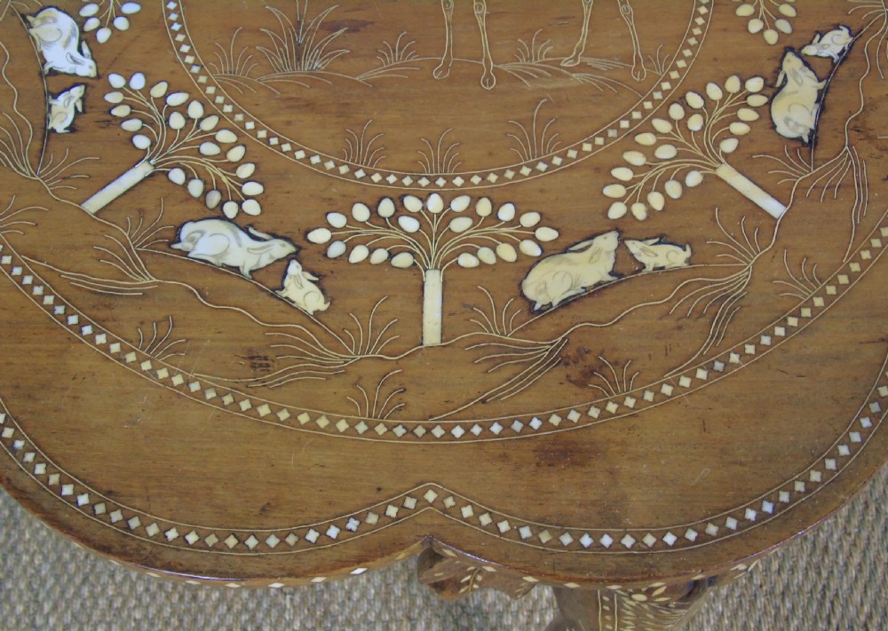 Antique Inlaid Hardwood Indian Table Camels and Rabbits View III