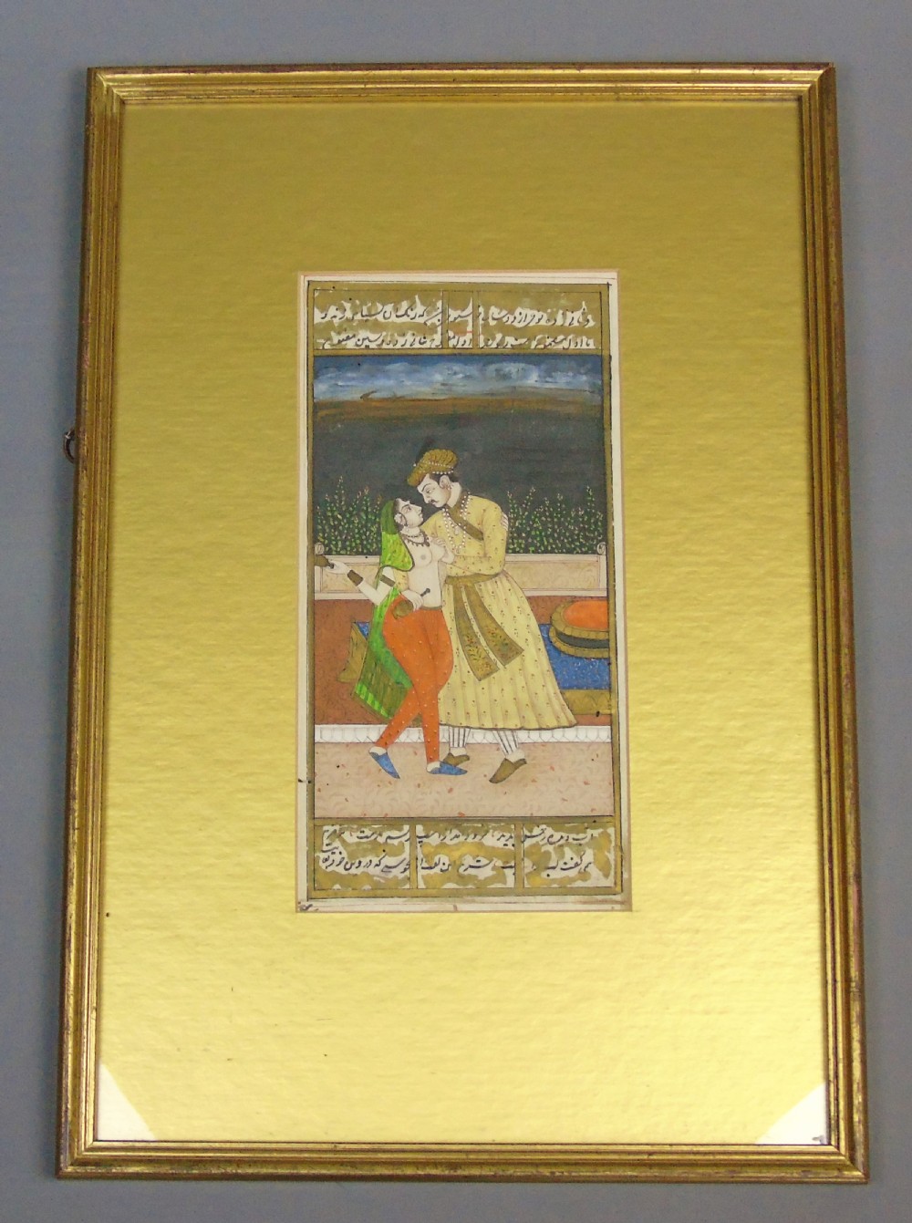 Antique Indian Gouache Painting of Lovers in a Garden 19th Century
