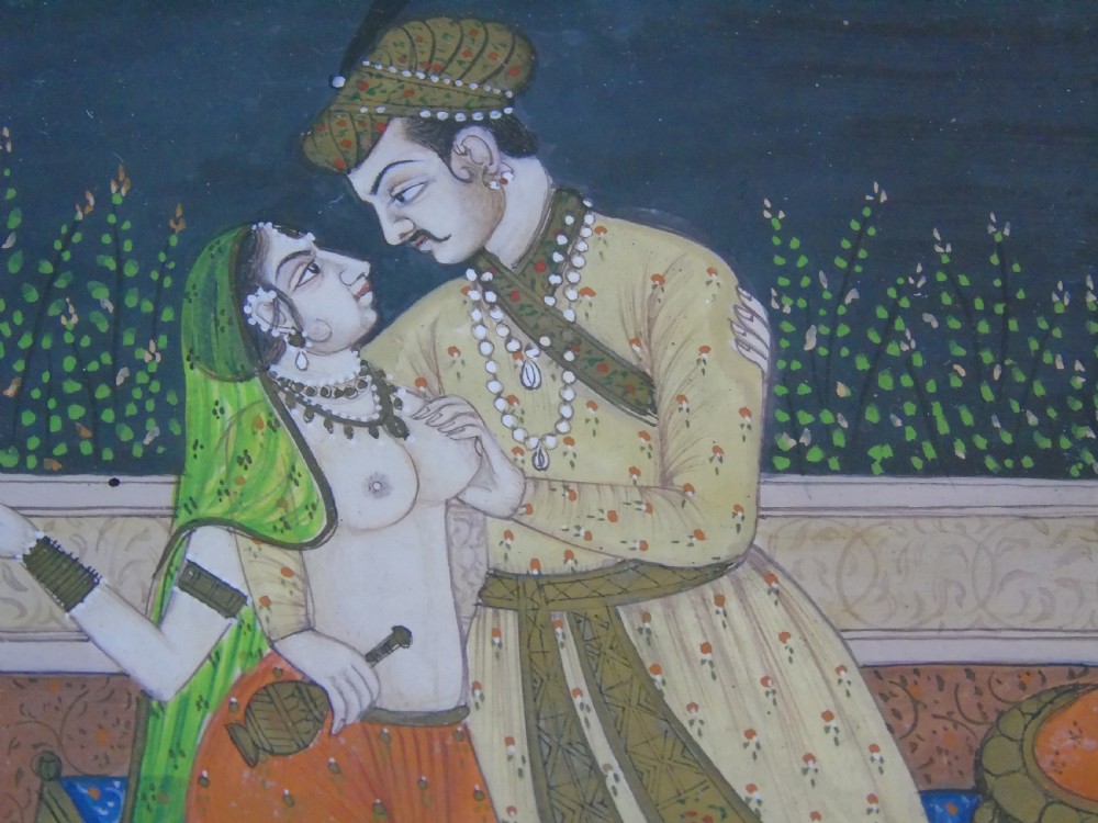 Antique Indian Gouache Painting of Lovers in a Garden 19th Century View III