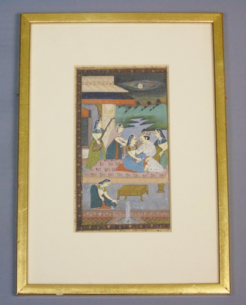 Antique Indian Gouache Painting Figures on a Terrace 19th Century