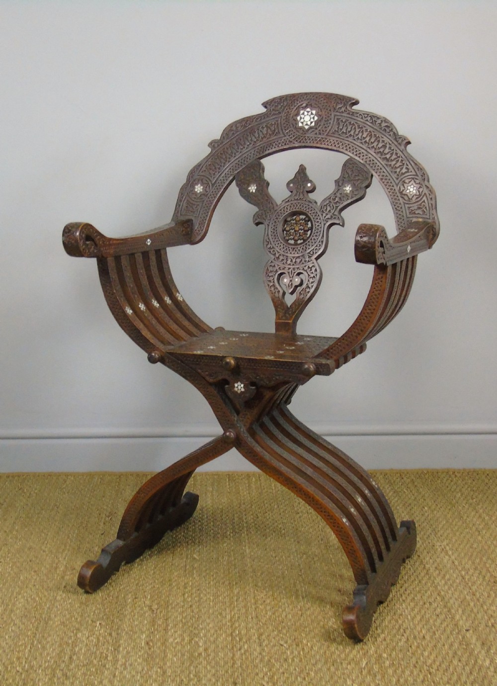 Antique Inlaid Syrian Hardwood Savonorola Armchair