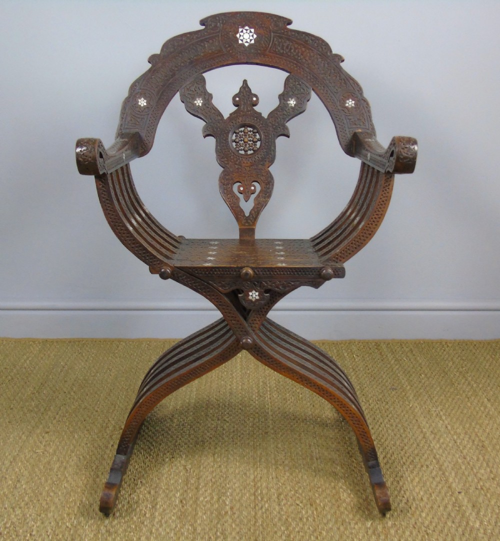 Antique Inlaid Syrian Hardwood Savonorola Armchair View II