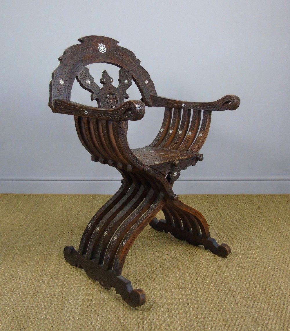 Antique Inlaid Syrian Hardwood Savonorola Armchair View III