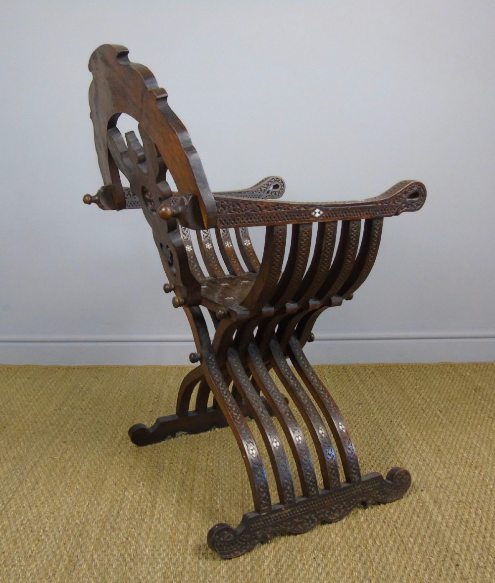 Antique Inlaid Syrian Hardwood Savonorola Armchair View IV