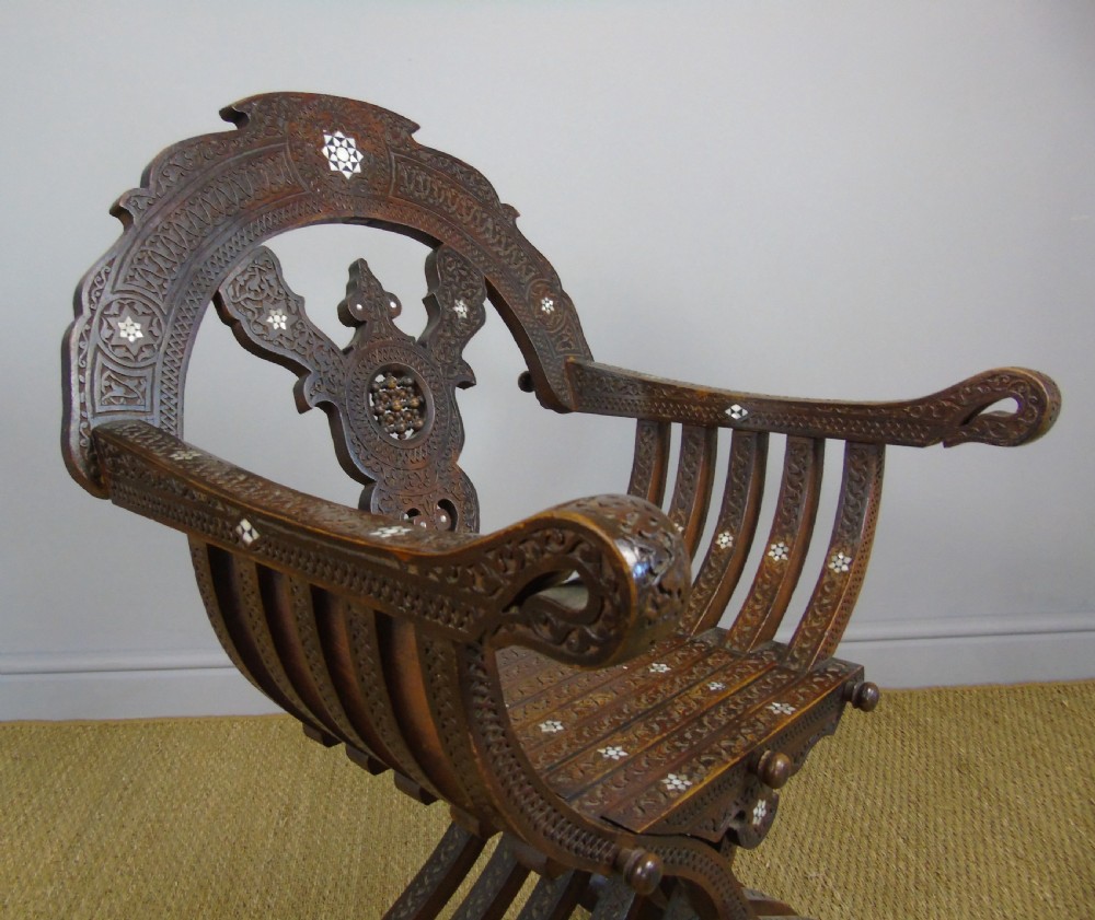 Antique Inlaid Syrian Hardwood Savonorola Armchair View V