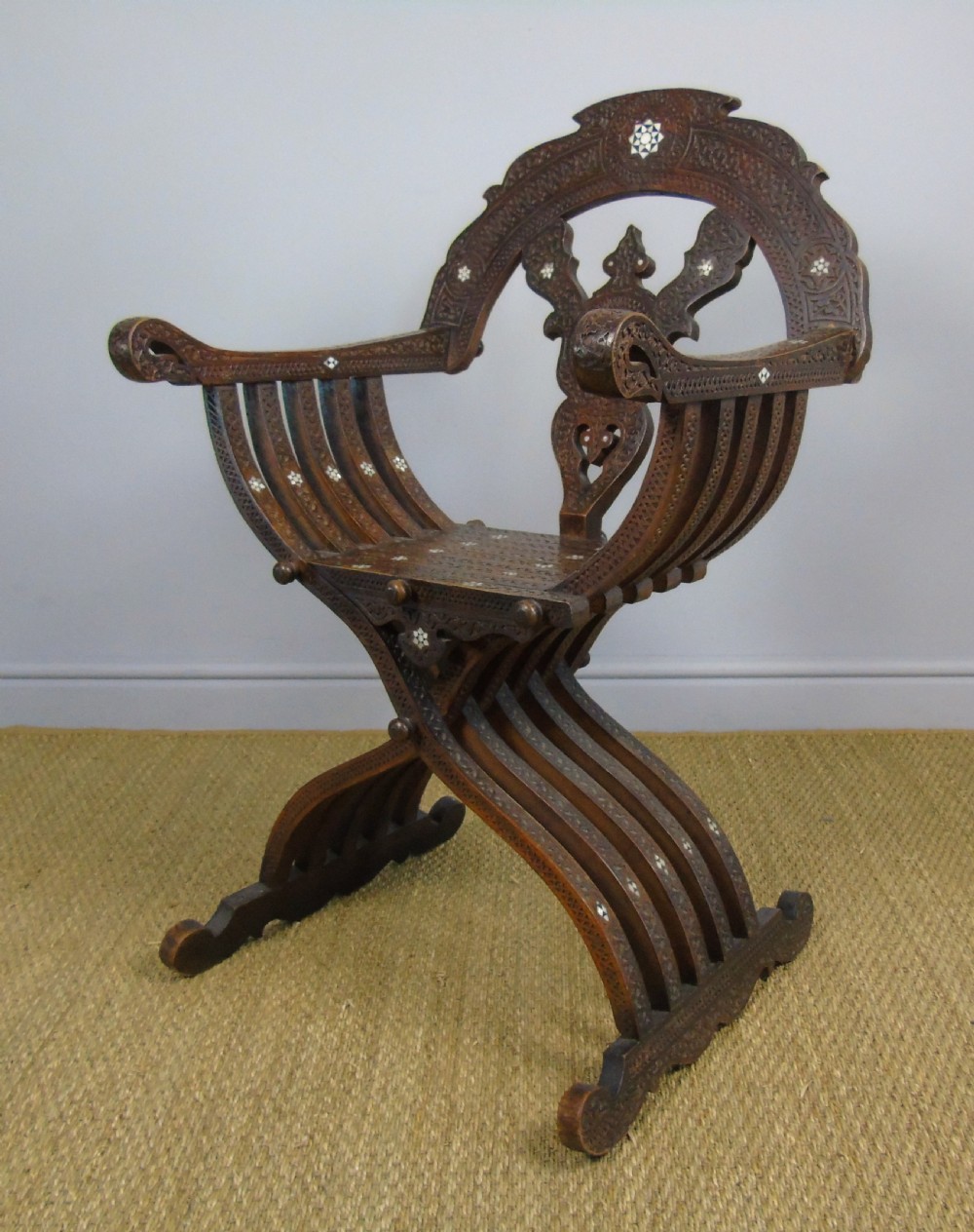 Antique Inlaid Syrian Hardwood Savonorola Armchair View VI