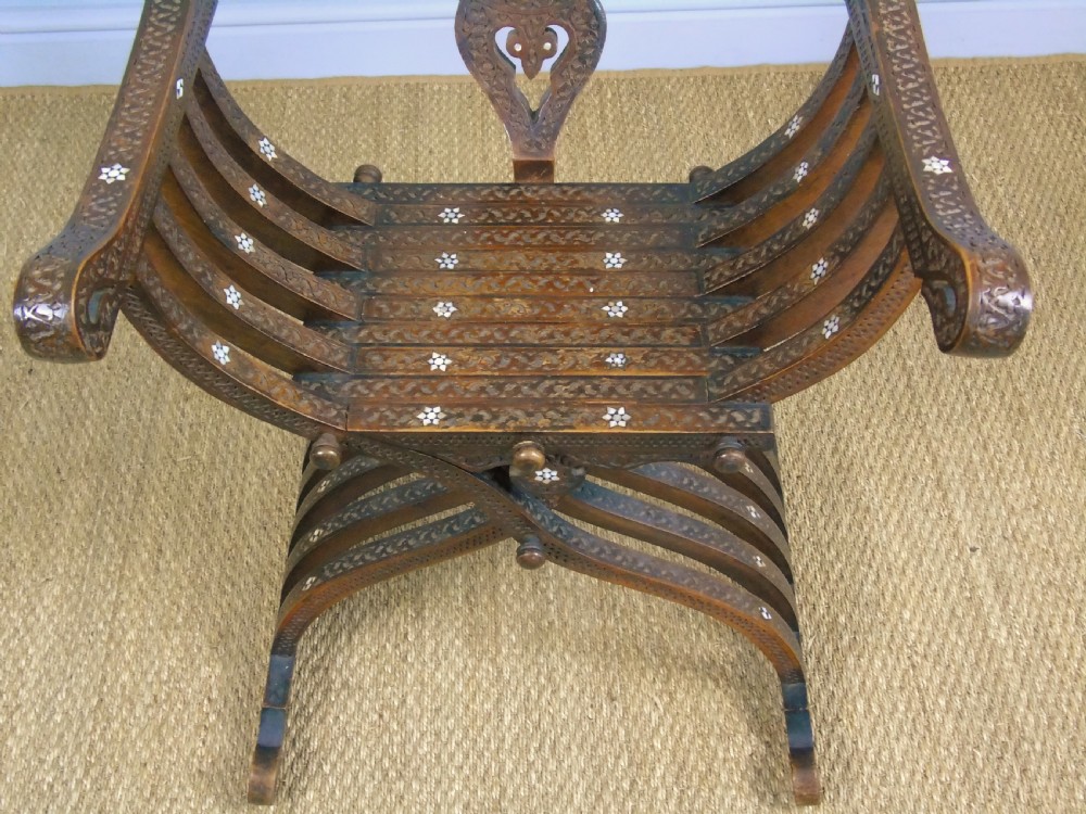 Antique Inlaid Syrian Hardwood Savonorola Armchair View VII