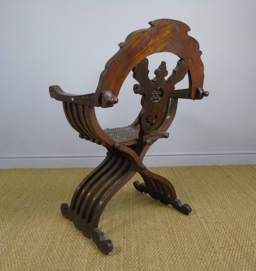 Antique Inlaid Syrian Hardwood Savonorola Armchair View IX