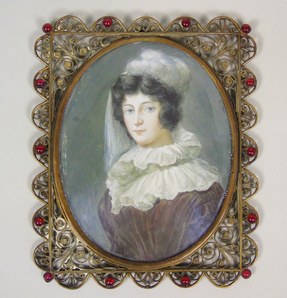 Early 19th Miniature Portrait Georgian Lady in White Lace Cap