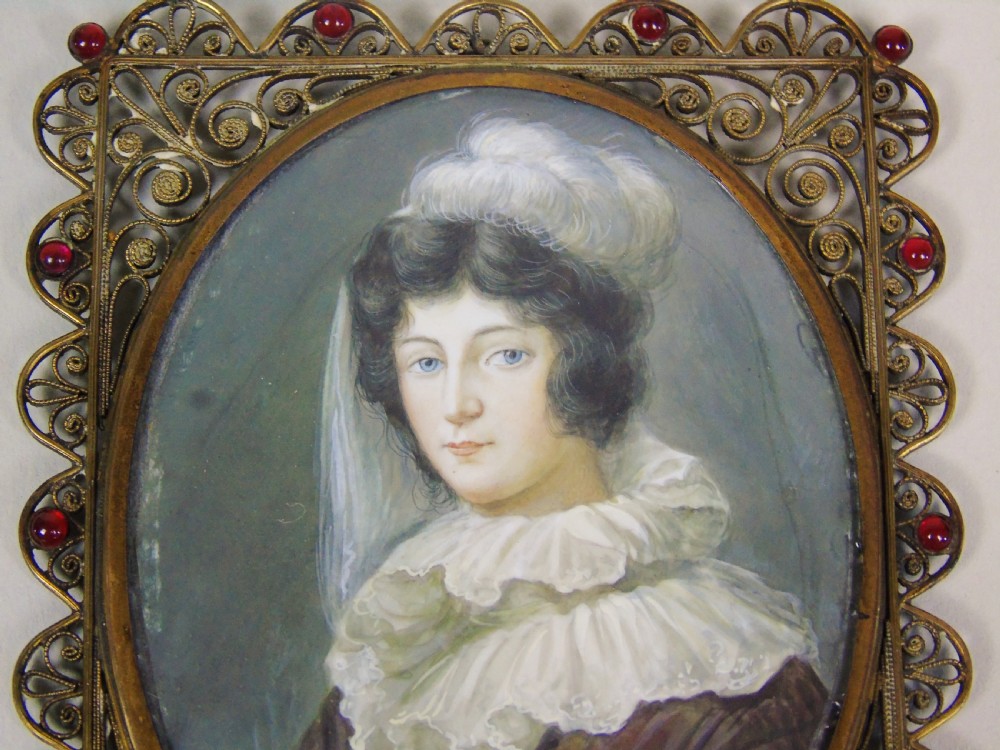 Early 19th Miniature Portrait Georgian Lady in White Lace Cap View III