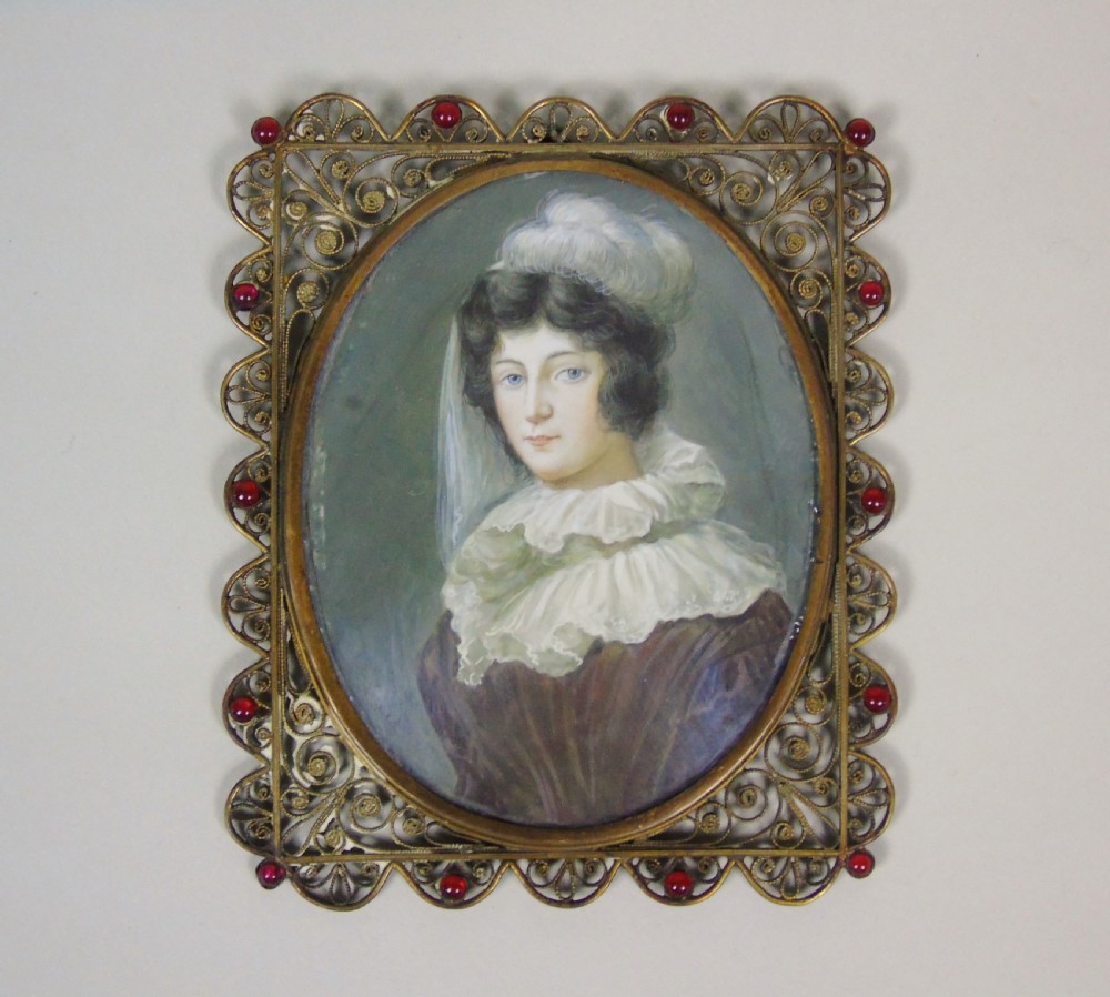 Early 19th Miniature Portrait Georgian Lady in White Lace Cap View V