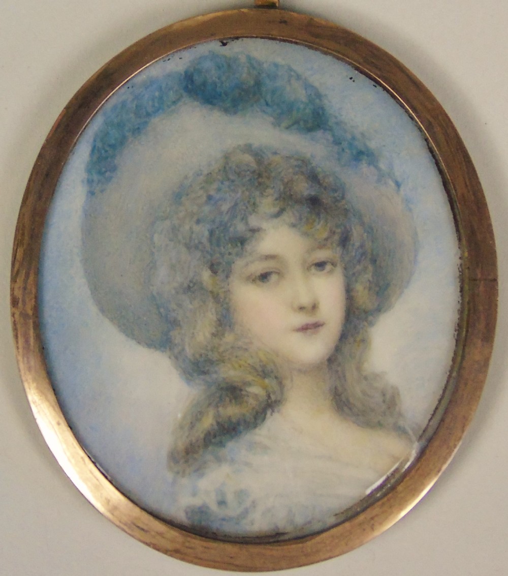 English School Miniature Portrait on Ivory of Girl in Feathered Hat