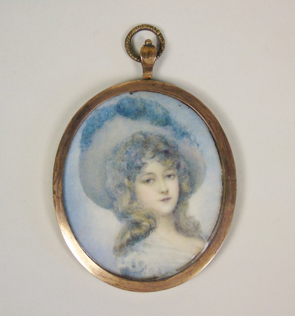 English School Miniature Portrait on Ivory of Girl in Feathered Hat View II