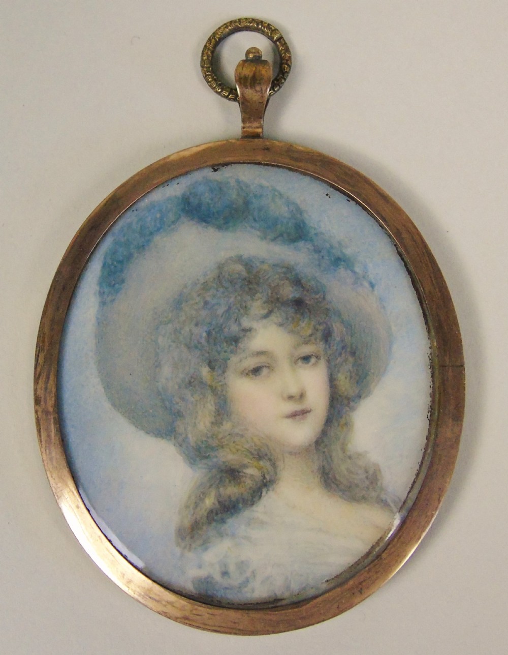 English School Miniature Portrait on Ivory of Girl in Feathered Hat View III