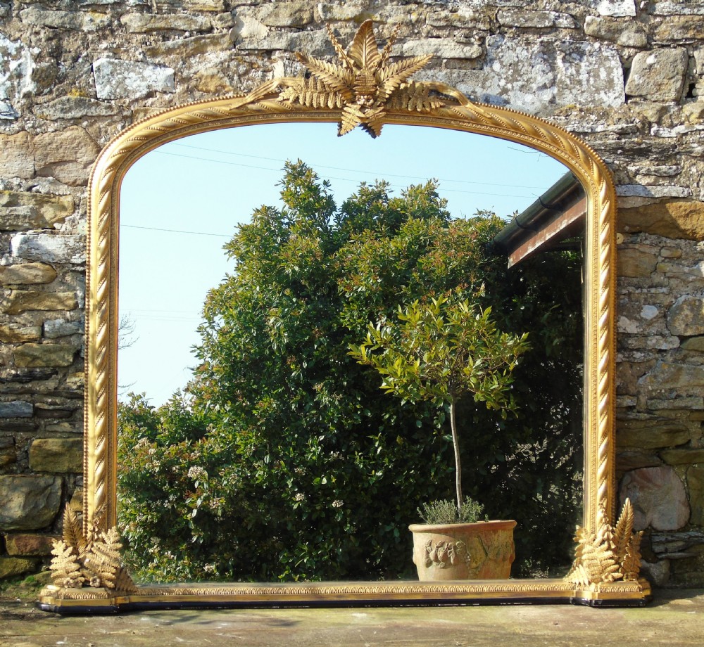 Good 19th Century Victorian Arched Gilt Overmantel Mirror Fern Leaf Decoration