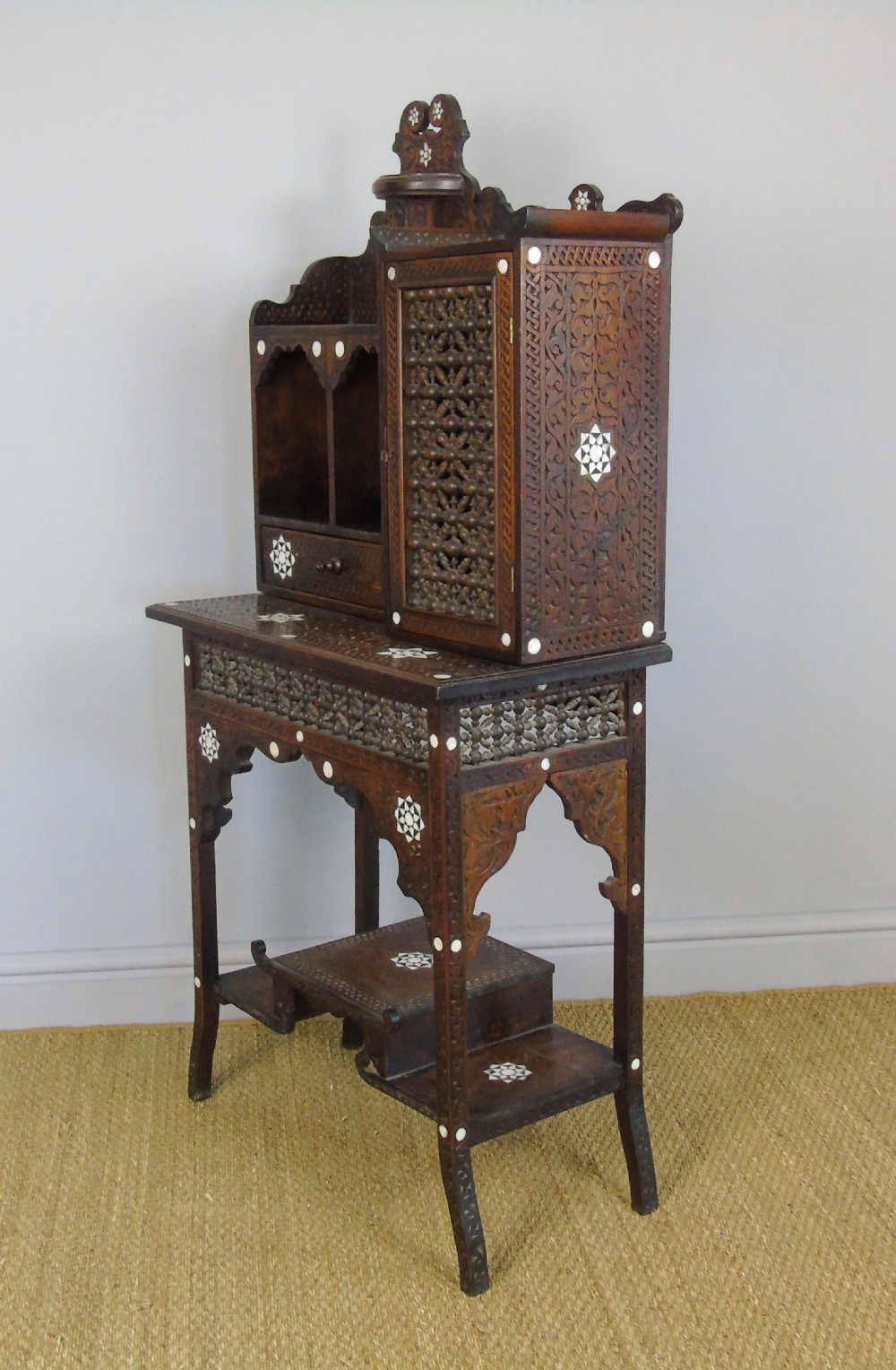 Antique Inlaid Syrian Hardwood Side Cabinet Mother of Pearl 19th Century View IV