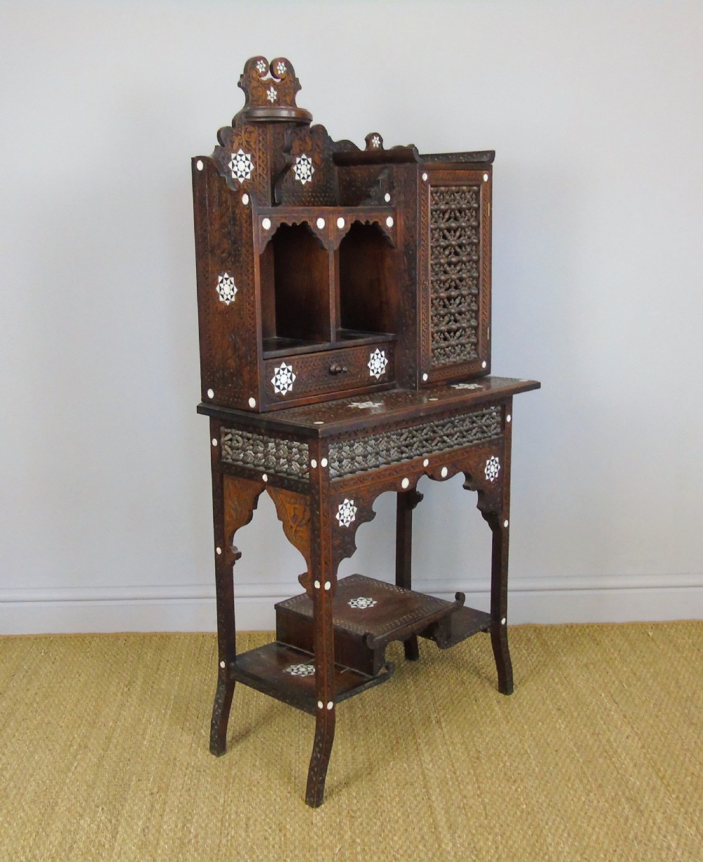 Antique Inlaid Syrian Hardwood Side Cabinet Mother of Pearl 19th Century View VI