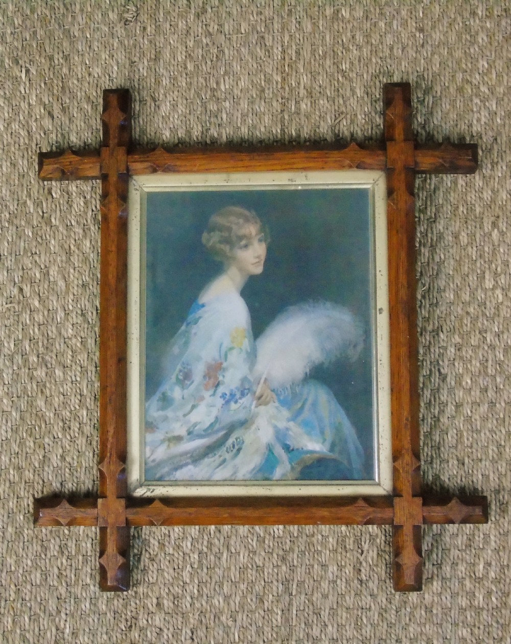 19th Century Cruciform Oak Framed Print Lady With Fan