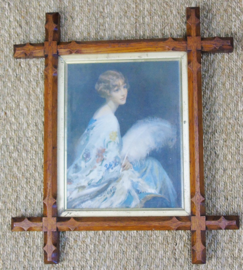 19th Century Cruciform Oak Framed Print Lady With Fan View III