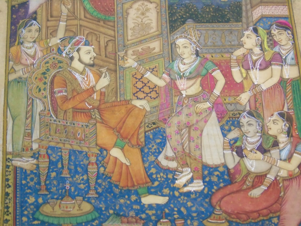 Fine Indian Painting Gouache Harem Scene in Hardwood Inlaid Frame View V