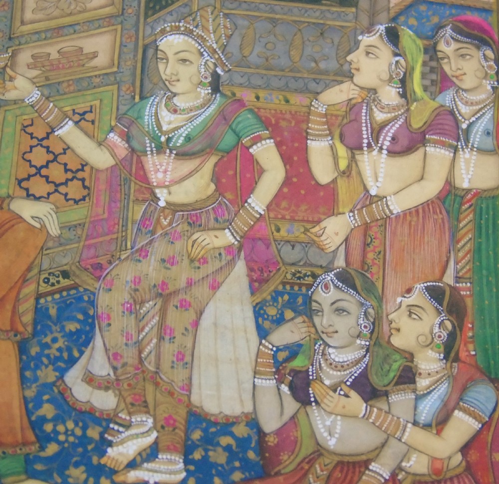 Fine Indian Painting Gouache Harem Scene in Hardwood Inlaid Frame View VI