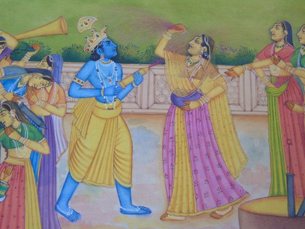 Antique Indian Gouache Painting Holi View IV
