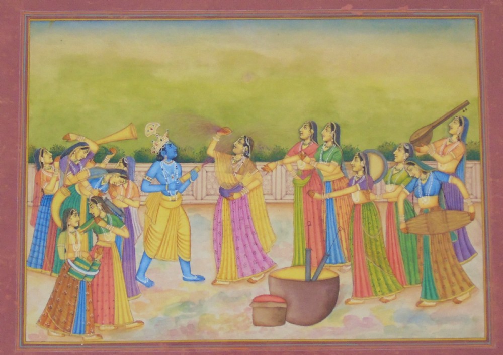 Antique Indian Gouache Painting Holi View VI