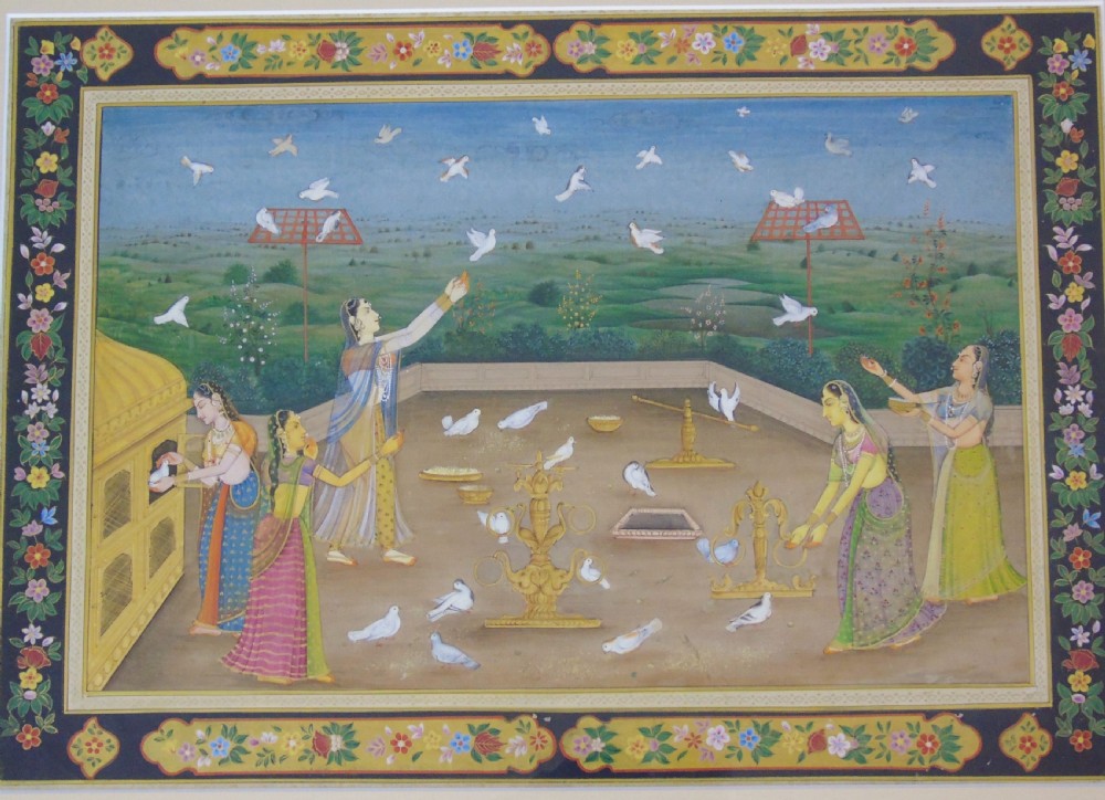 Antique Indian Gouache Painting Feeding Doves Rajasthan 19th Century View II