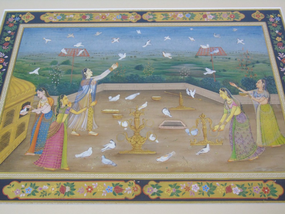 Antique Indian Gouache Painting Feeding Doves Rajasthan 19th Century View III