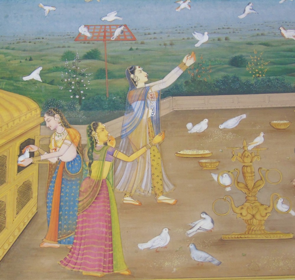 Antique Indian Gouache Painting Feeding Doves Rajasthan 19th Century View IV