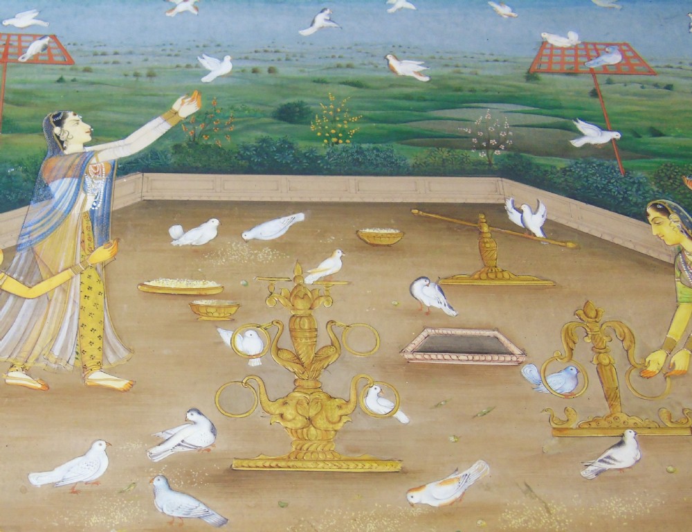 Antique Indian Gouache Painting Feeding Doves Rajasthan 19th Century View V