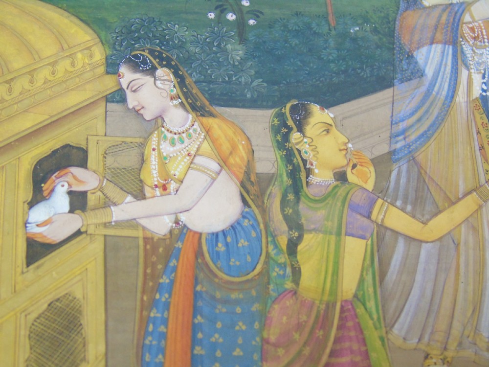 Antique Indian Gouache Painting Feeding Doves Rajasthan 19th Century View VI