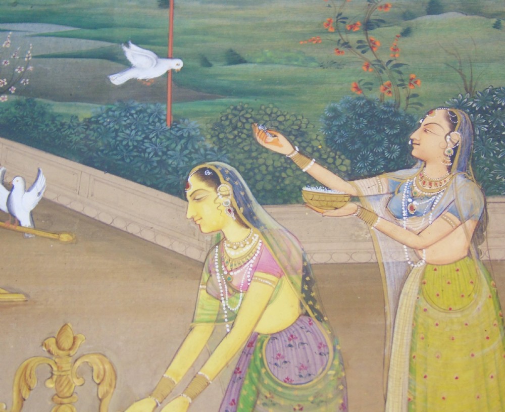 Antique Indian Gouache Painting Feeding Doves Rajasthan 19th Century View VII