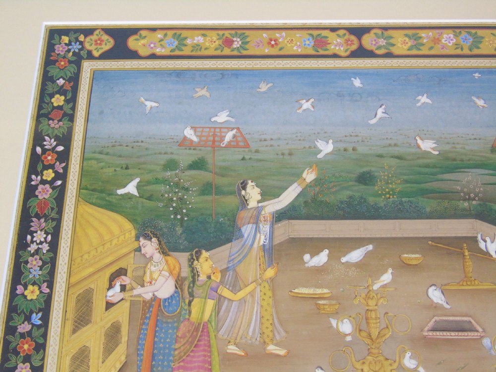 Antique Indian Gouache Painting Feeding Doves Rajasthan 19th Century View VIII