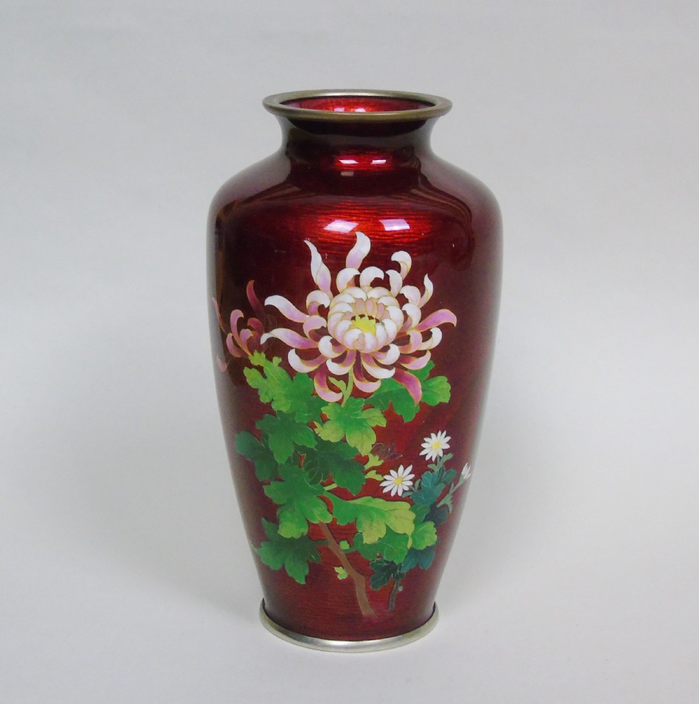 Antique Japanese Ginbari Cloisonne Vase Chrysanthemum