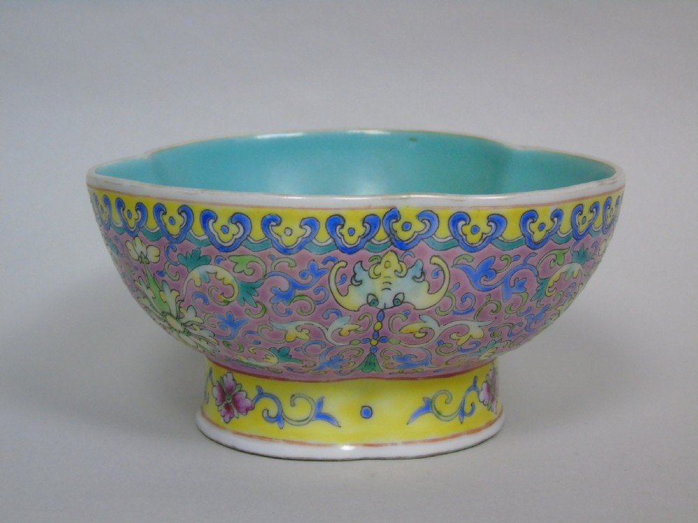 Antique Chinese Trefoil Porcelain Bowl Famille Rose