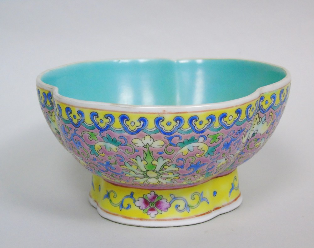 Antique Chinese Trefoil Porcelain Bowl Famille Rose View III